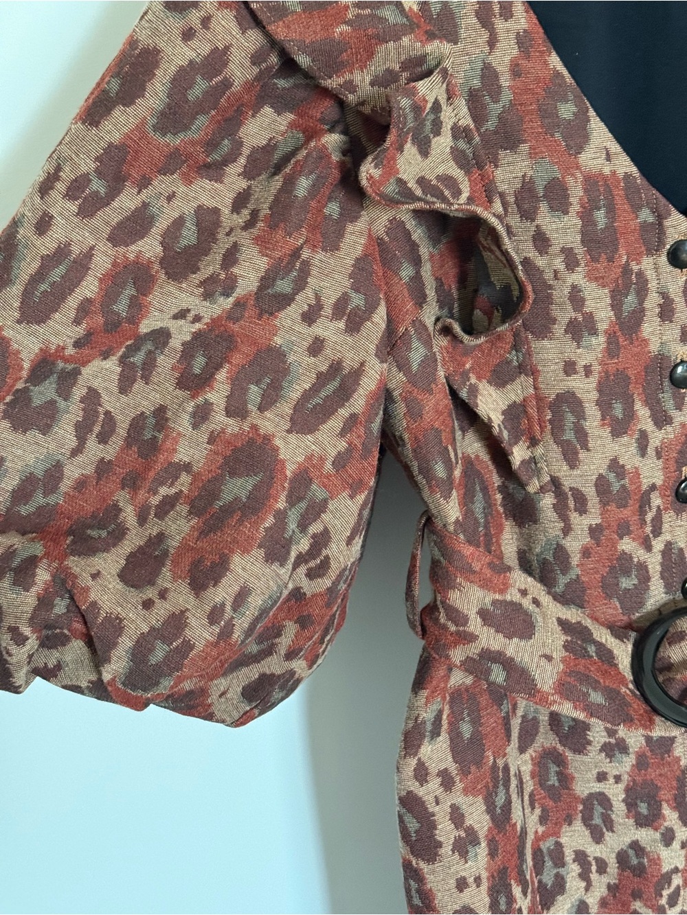 Sezane Lia Dress Jacquard Leopard Bordeaux Belted Mini Ruffle FR 34 US 2 - Picture 6 of 15